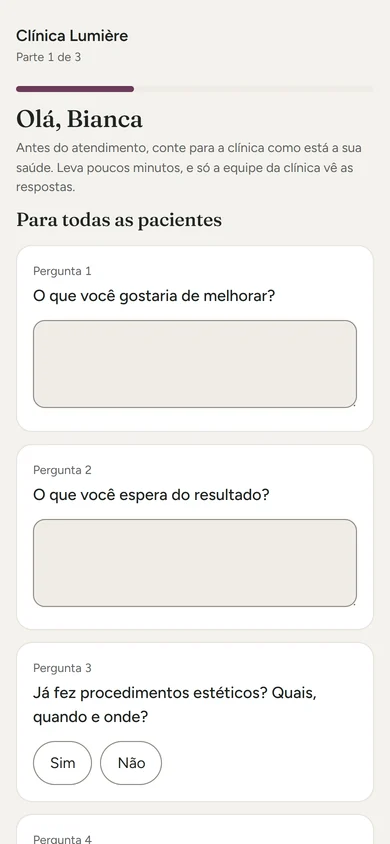 Ficha de saúde no celular da paciente: parte 1 de 3, com as perguntas sobre o que ela quer melhorar e procedimentos anteriores