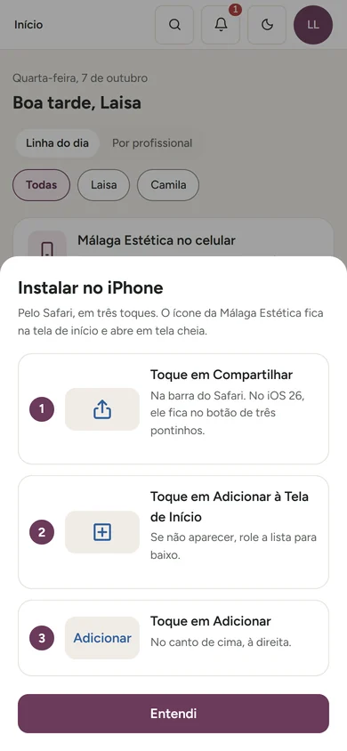 Janela Instalar no iPhone com os três passos: tocar em Compartilhar, em Adicionar à Tela de Início e em Adicionar