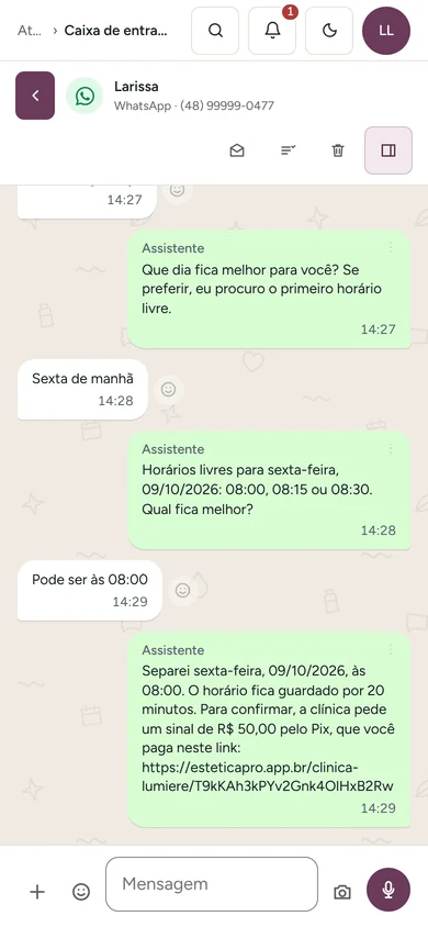 Conversa no WhatsApp em que o assistente oferece os horários de sexta-feira, separa o das 08:00 e manda o link do sinal